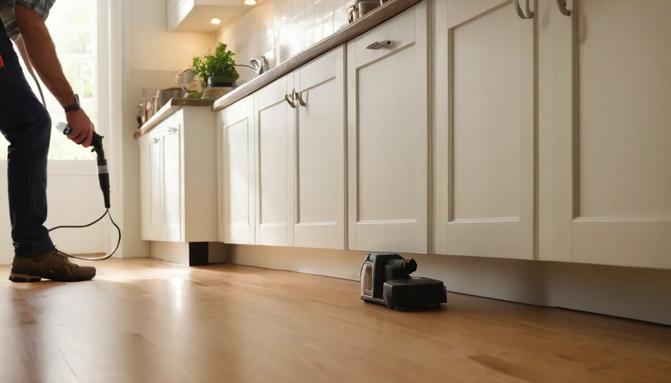 A family kitchen where a provider checks along a baseboard for signs of pests