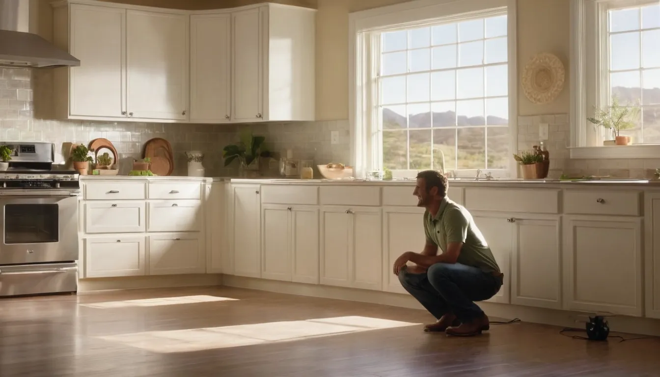 A friendly pest control provider checking a kitchen baseboard with a homeowner in a Friendswood home